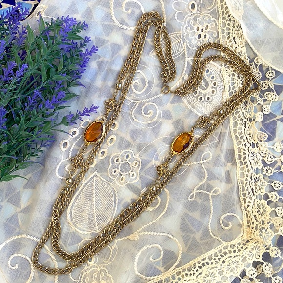 VTG 70’s 10k Solid Gold Chain & Amber Necklace - Picture 3 of 9